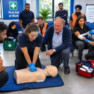Diverse trainees practising practical first aid during a First Aid at Work course