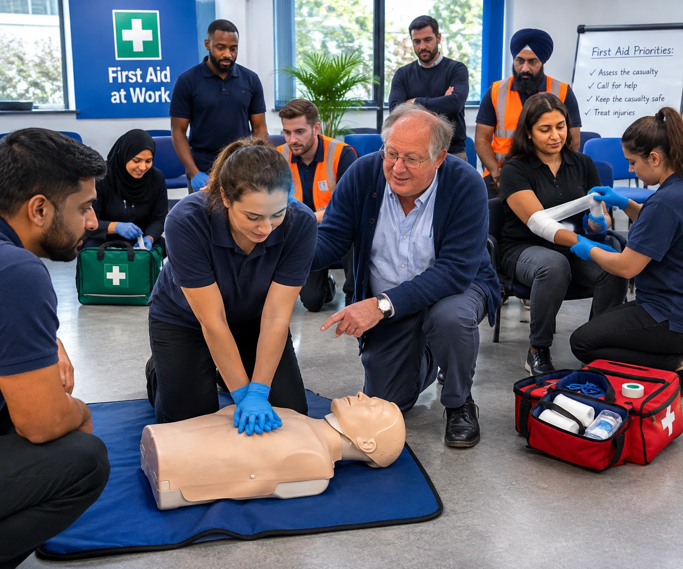 Diverse trainees practising practical first aid during a First Aid at Work course