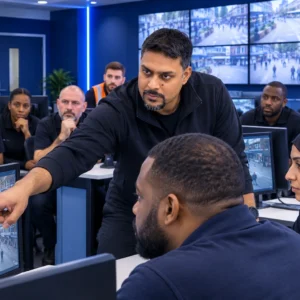 Diverse trainees learning public space awareness and CCTV monitoring skills