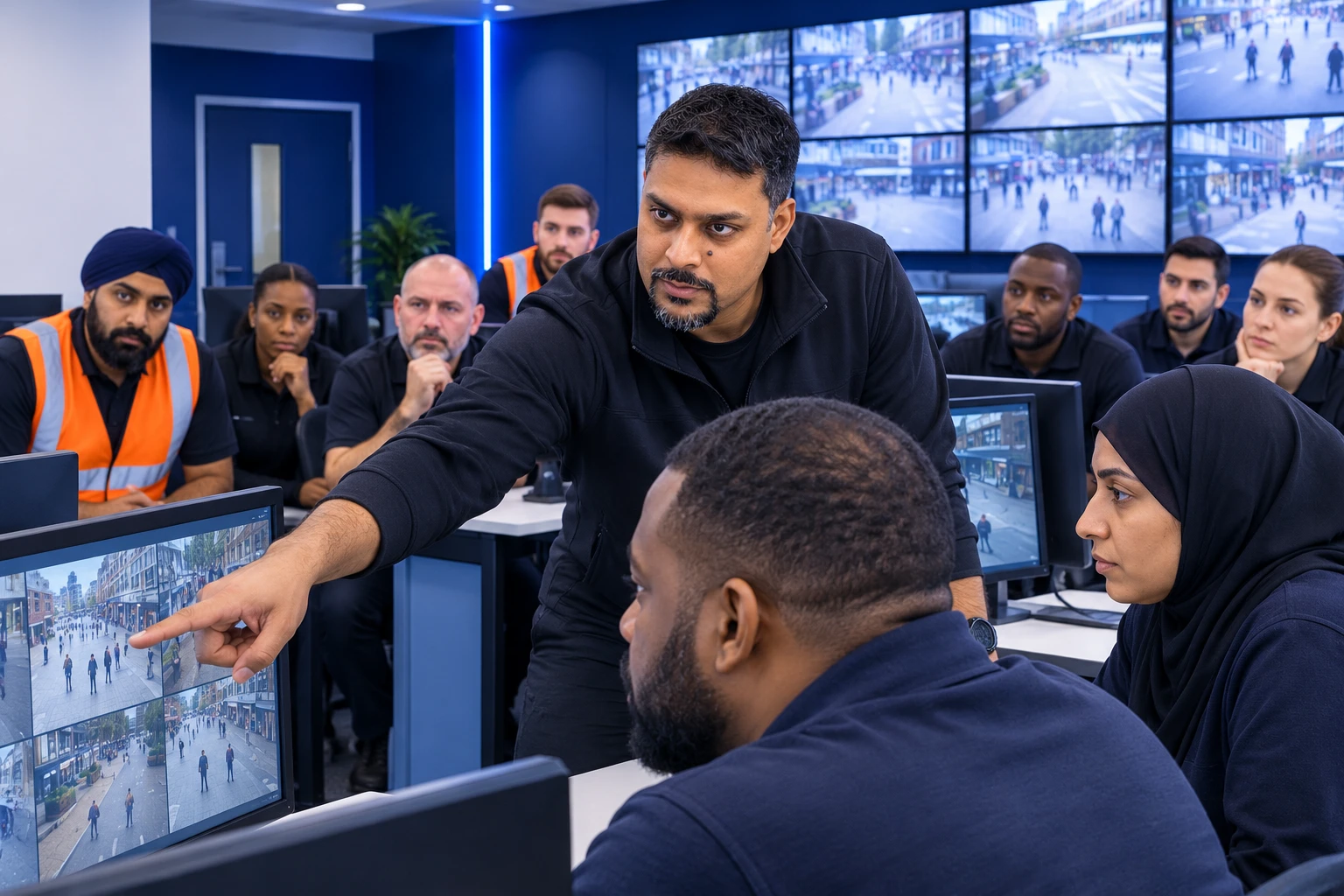 Diverse trainees learning public space awareness and CCTV monitoring skills