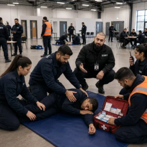 Diverse Security Officer trainees practising emergency first aid during an EFAW course