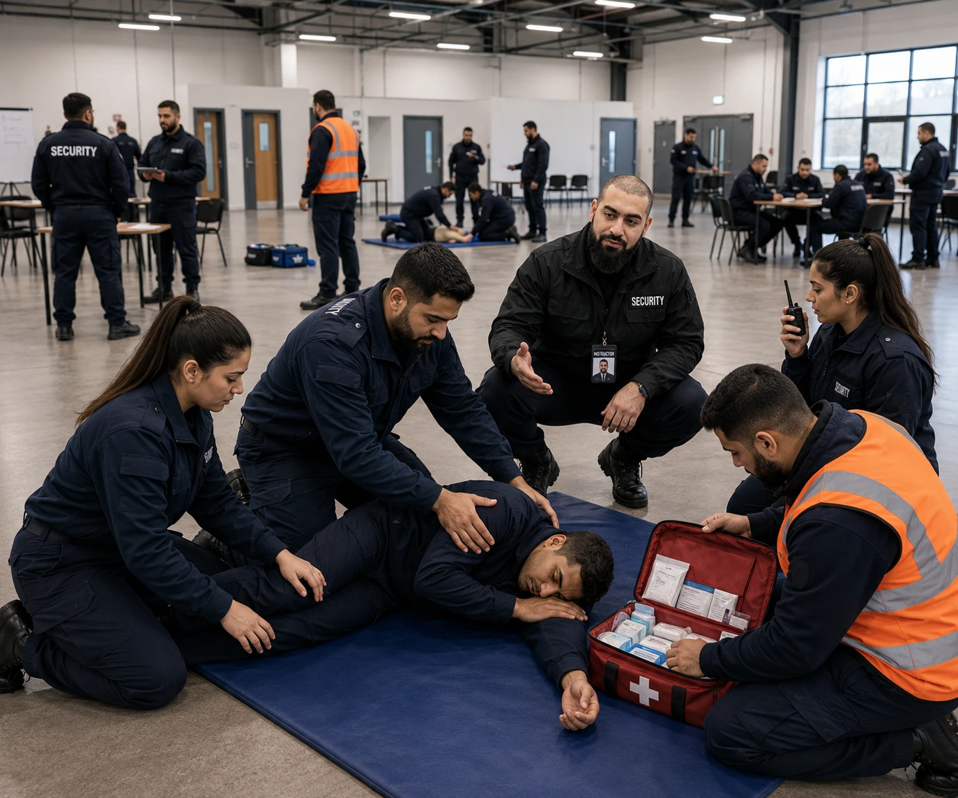 Diverse Security Officer trainees practising emergency first aid during an EFAW course