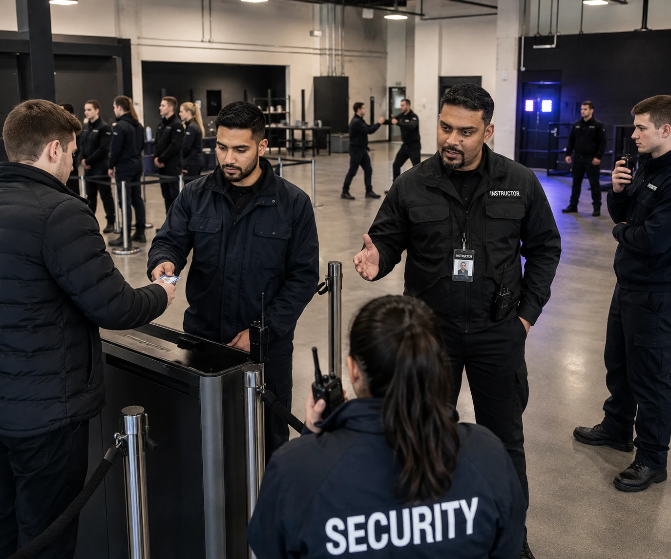 Door Supervisor trainees practising ID checks, queue management and conflict prevention during a UK security training course