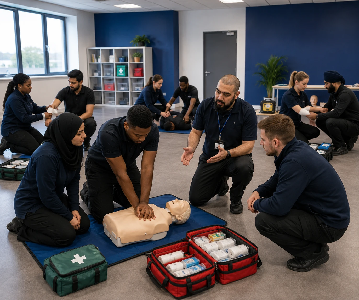 Emergency First Aid at Work trainees practising CPR and emergency first aid during a professional UK training course