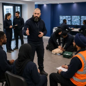 Security Officer Course instructor training a multicultural group in a practical security training session