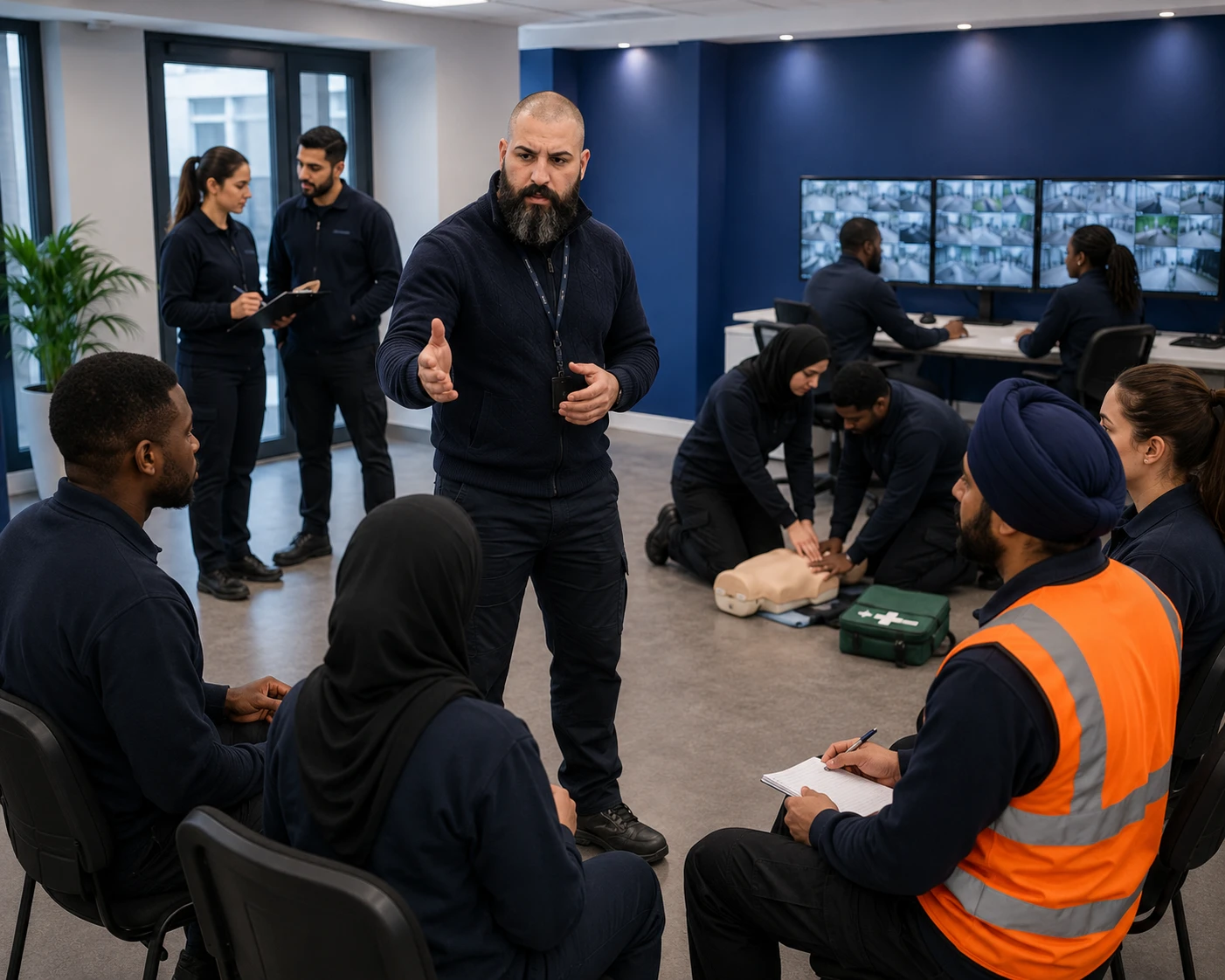 Security Officer Course instructor training a multicultural group in a practical security training session