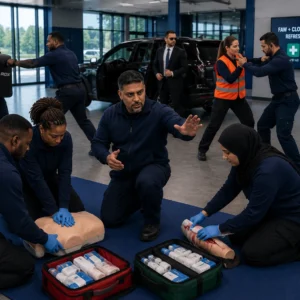 Diverse trainees practising first aid and close protection skills during a professional refresher course
