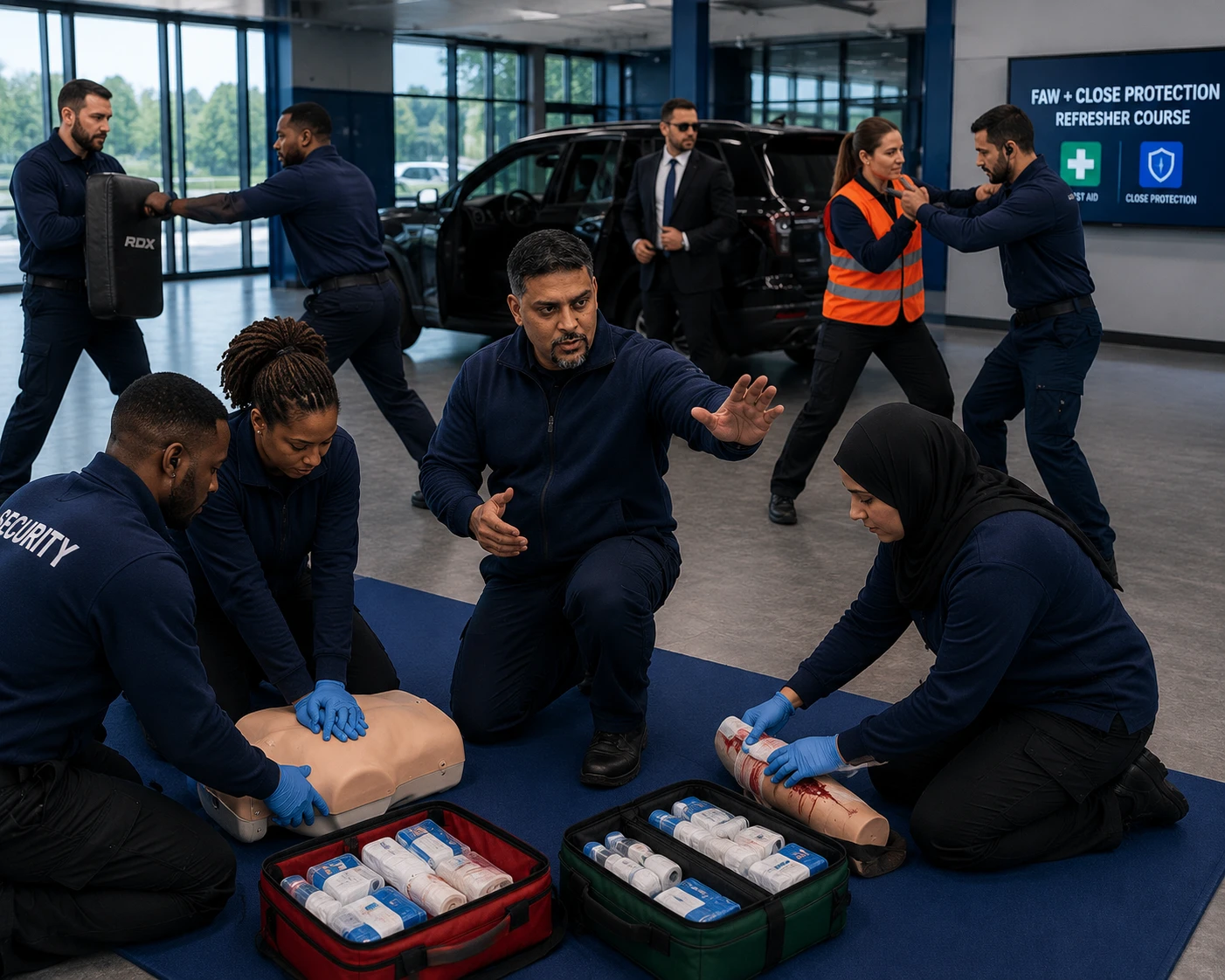 Diverse trainees practising first aid and close protection skills during a professional refresher course