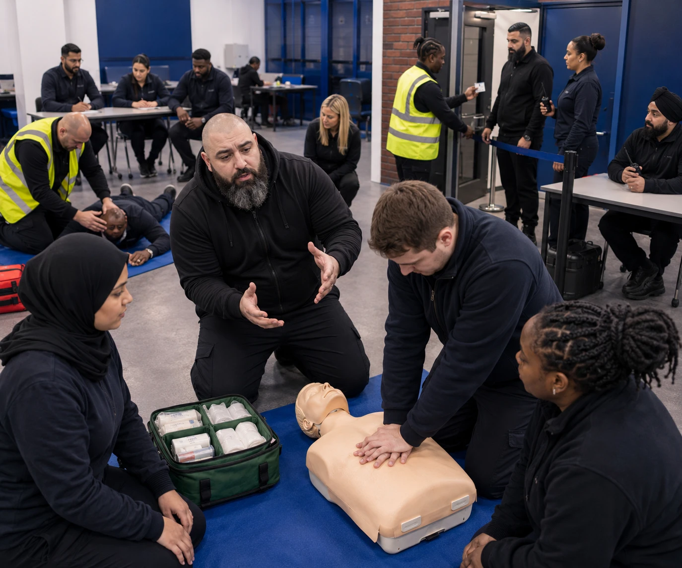 Diverse trainees practising first aid during an EFAW and Door Supervisor refresher course