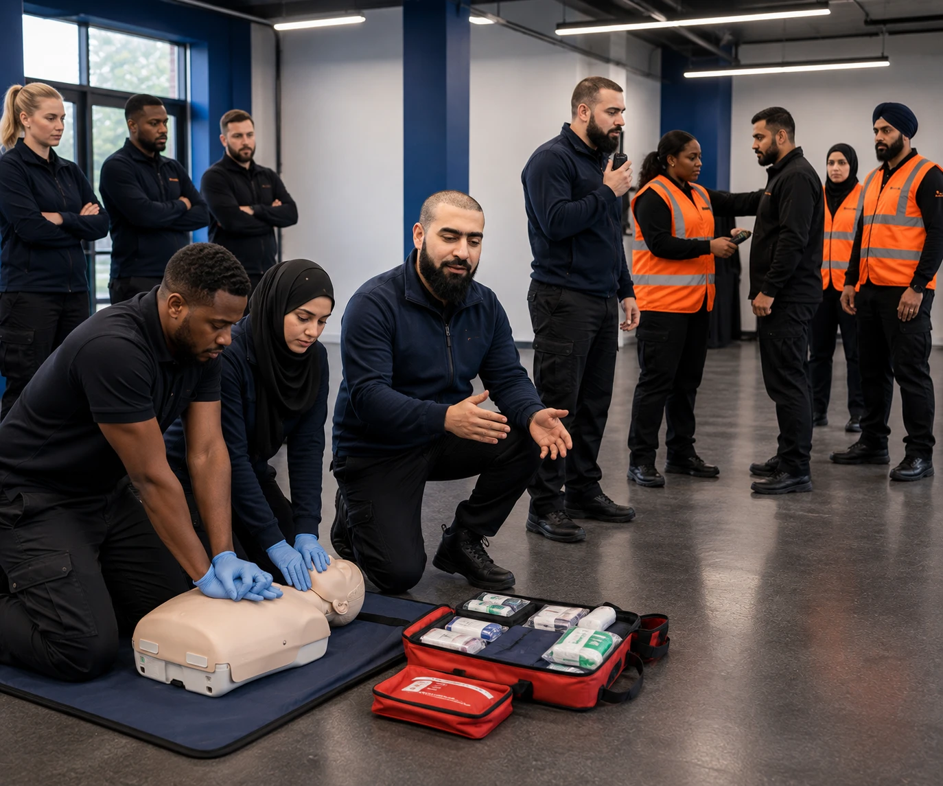 EFAW and Security Officer Refresher Course with an instructor leading practical first aid and security training