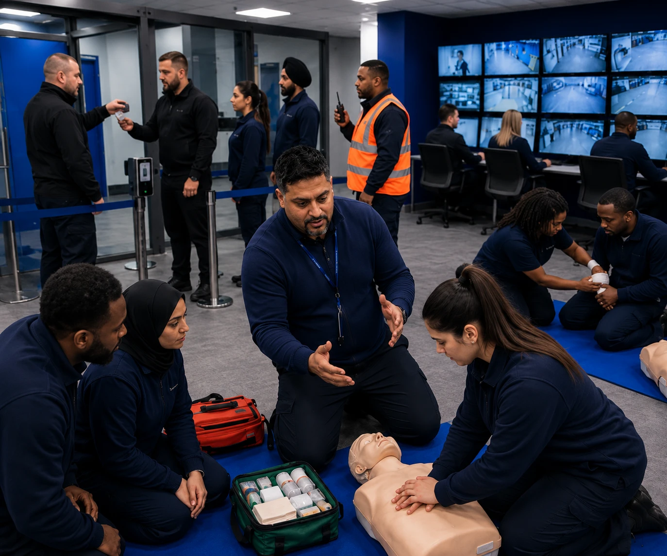 Diverse trainees practising first aid, door supervision and CCTV skills during a combined security training course